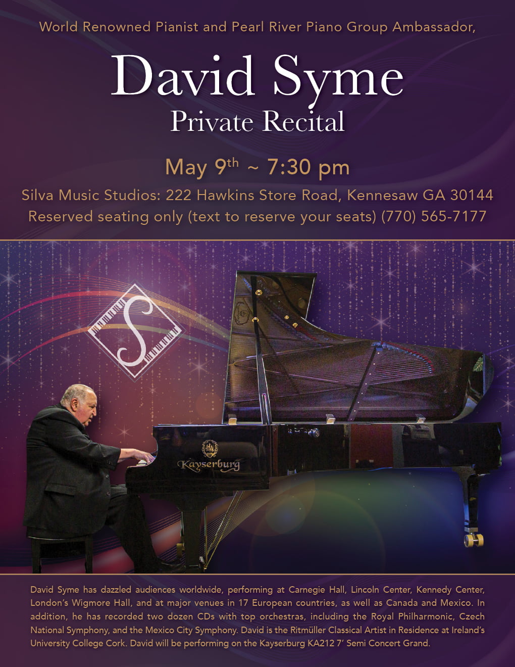 David Syme at piano, concert announcement for this tuesday