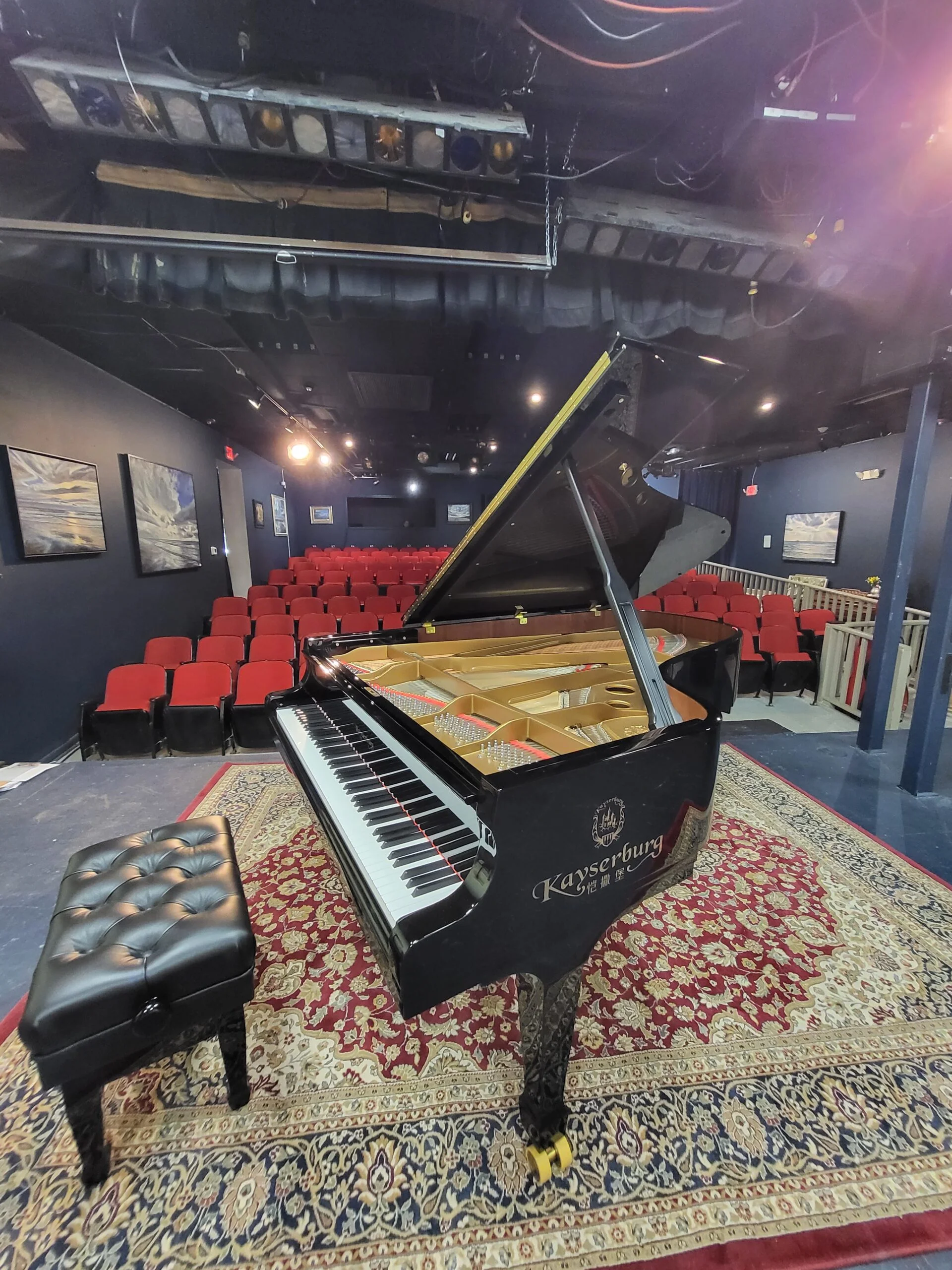 grand piano closeup with plush audience seats in background